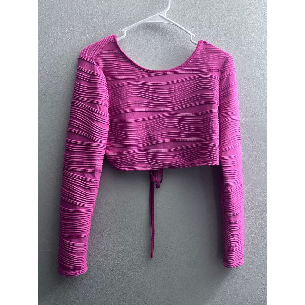 SHEIN Pink Textured Tie Back Long Sleeve Crop Top Womens‎ Size L